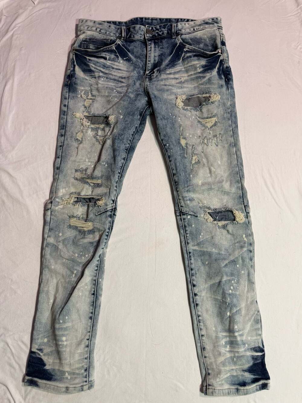 Smoke Rise Heavy Distressed Light Wash Slim Fit Biker Moto Jeans